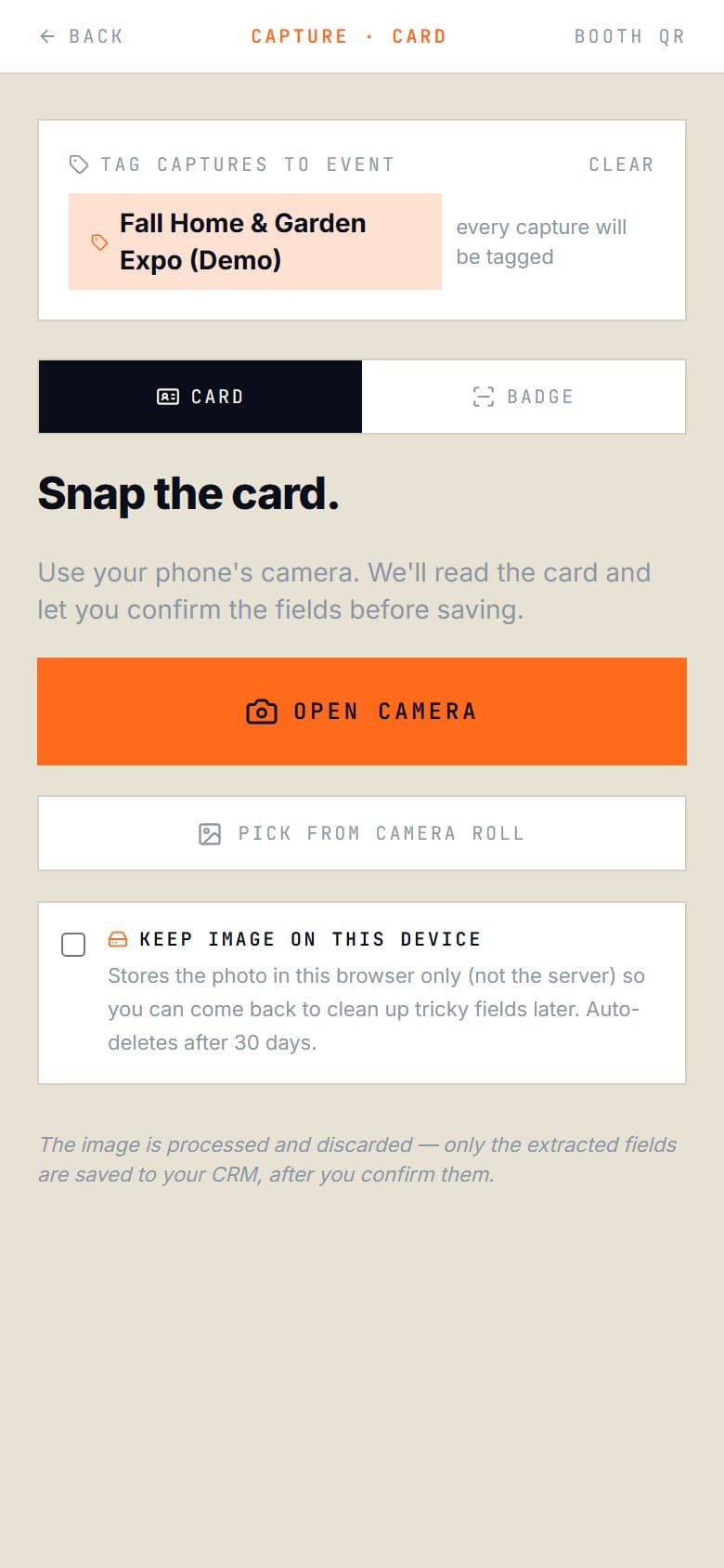 DrewOS mobile card capture, tagging every capture to a live event