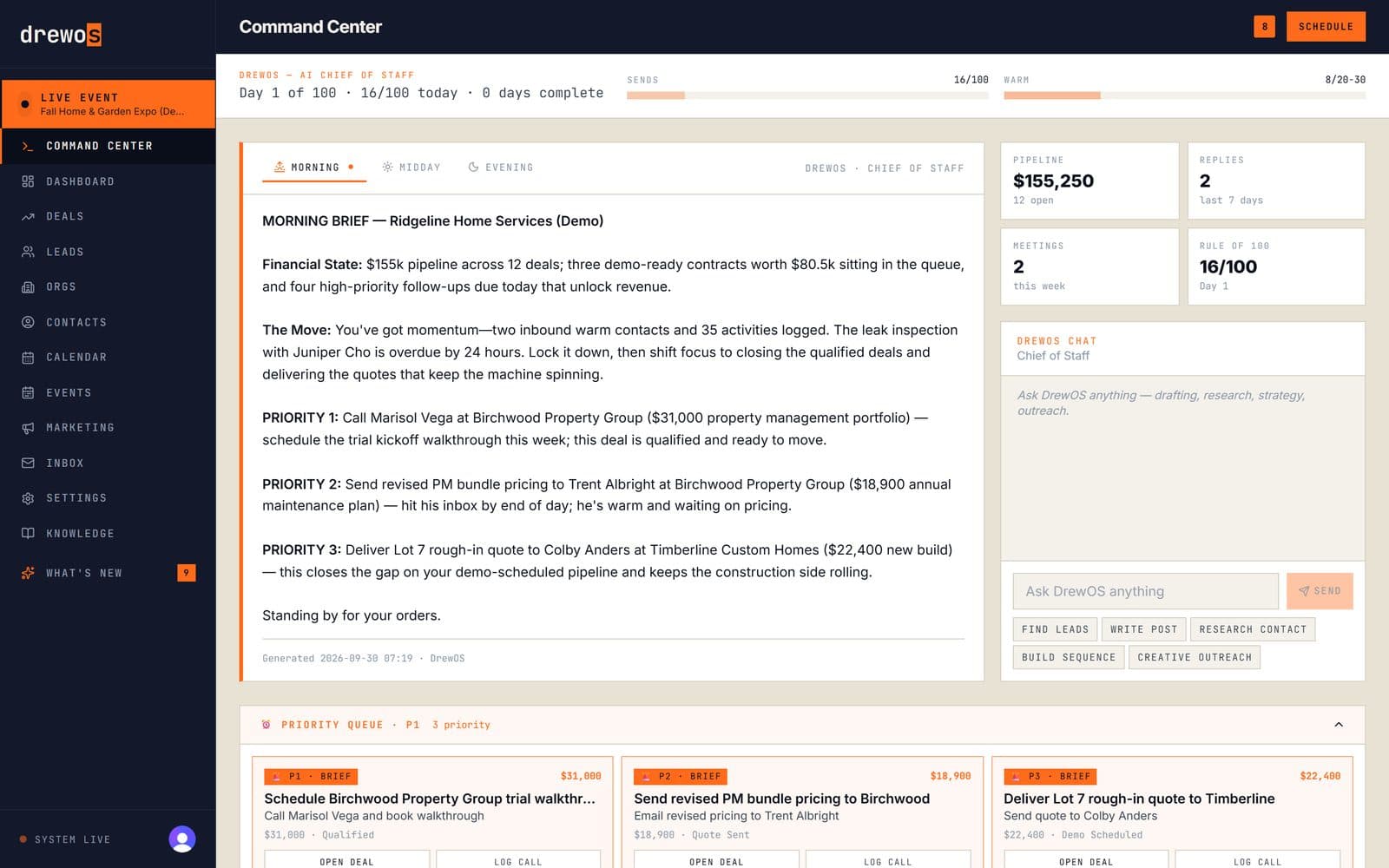 DrewOS Command Center: the AI Chief of Staff's morning brief with three prioritized deals