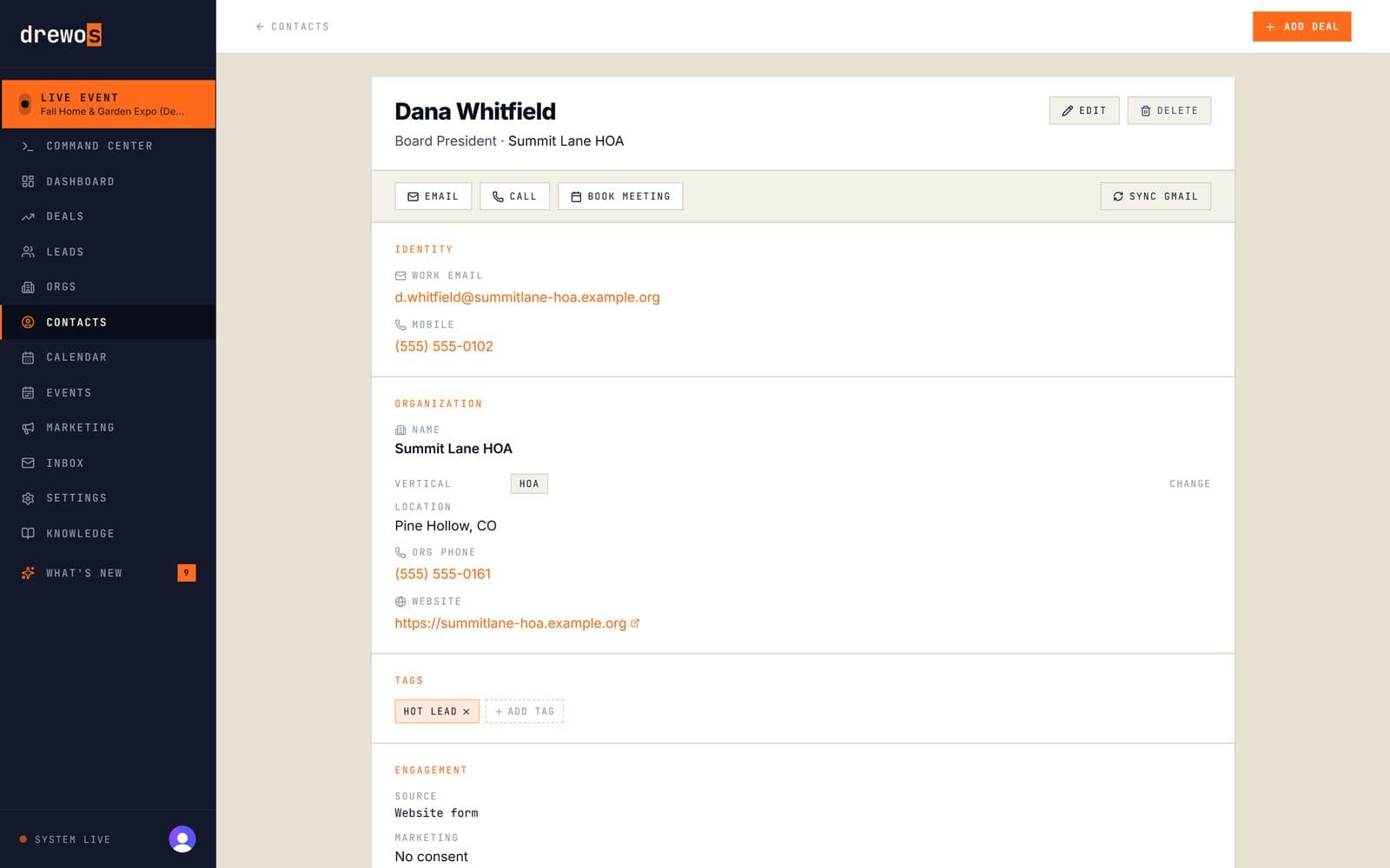 DrewOS contact record with activity, notes and follow-ups