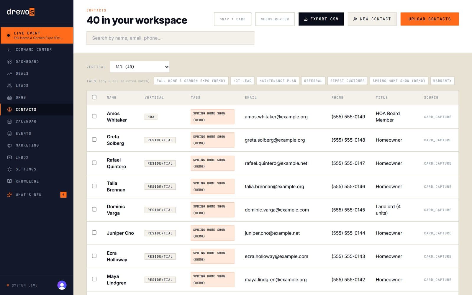 DrewOS contacts list with verticals, tags and event capture sources